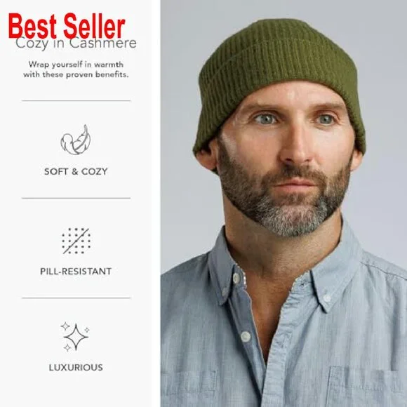 Men's 100% Pure Cashmere Ribbed Cuffed Hat Ultra Plush Classic